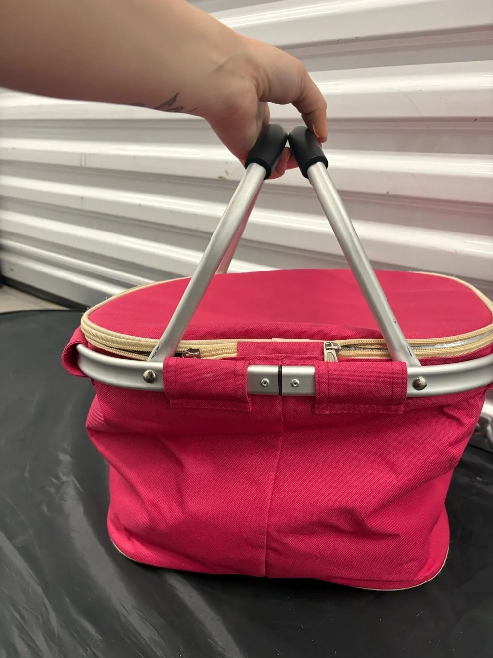 Pink Collapsible Tote Cooler Basket with Aluminum Frame